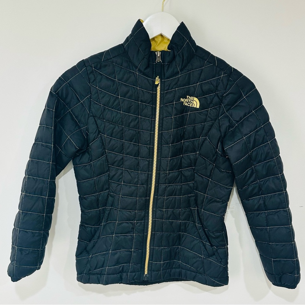 🌸 The North Face Girls Puffer Quilted Black Yellow Jacket FullZip Coat Small 7/8